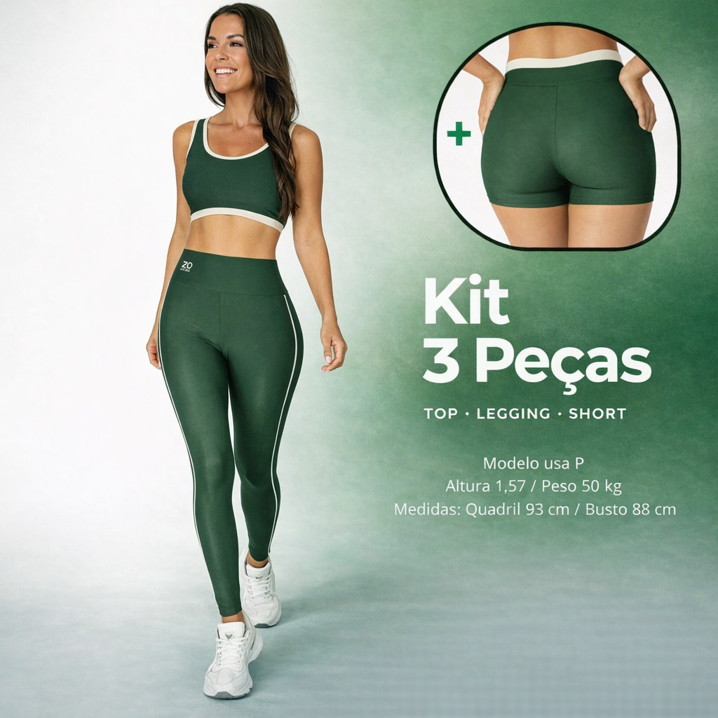 Kit Fitness Feminino 3 Peças – Top + Legging + Short Modelador (QUEIMA DE ESTOQUE)