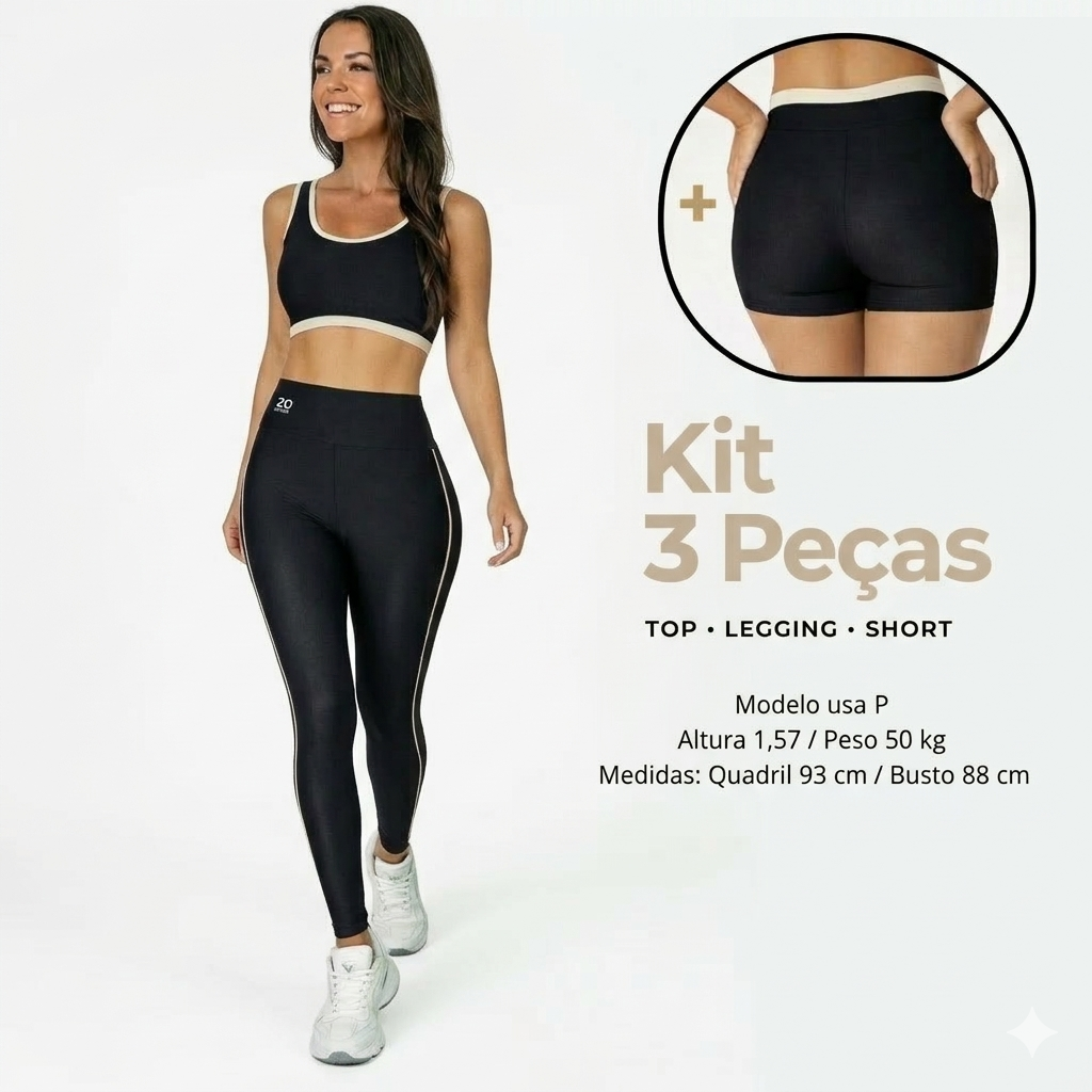 Kit Fitness Feminino 3 Peças – Top + Legging + Short Modelador (QUEIMA DE ESTOQUE)